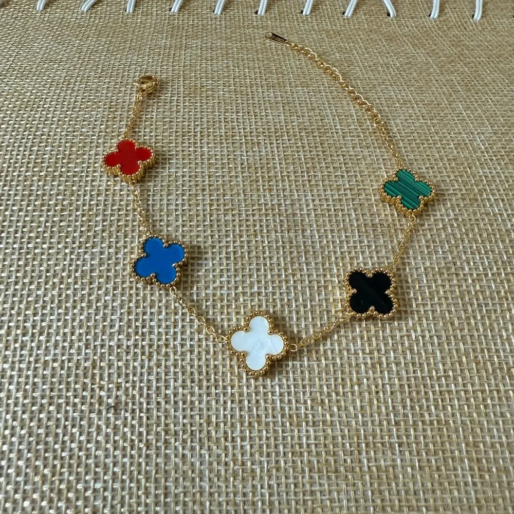 GOLD PLATED CLOVER BRACELET MULTI COLOR STONES REVERSIBLE STAINLESS STEEL